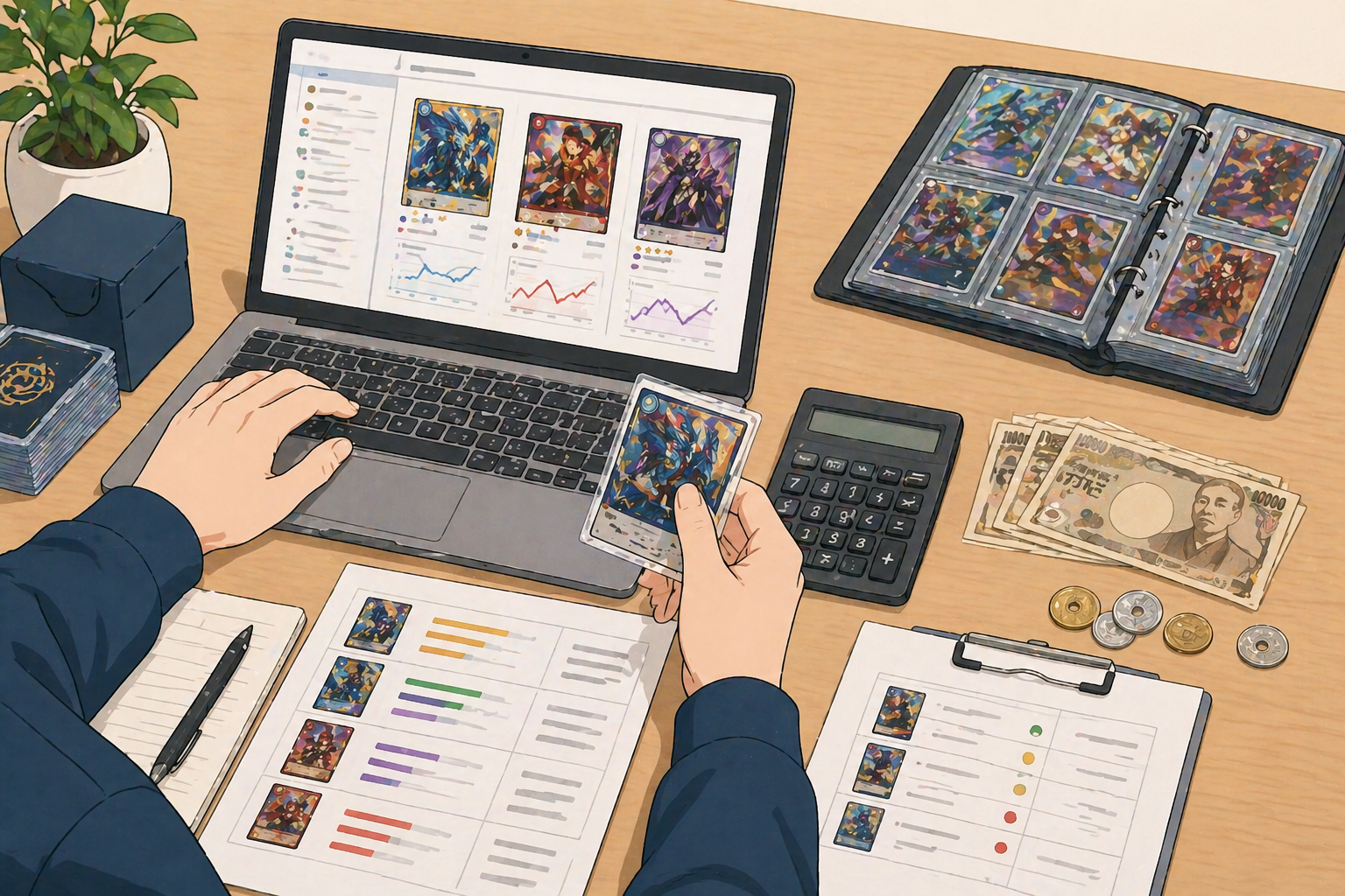 ワンピースカードの買取相場を確認するイラスト
